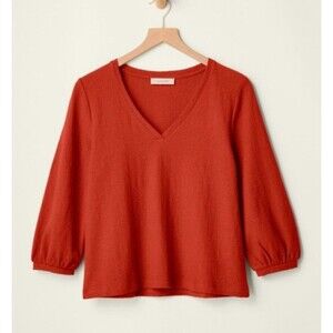 Garnet Hill Pebble Stitch Knit Top Tomato Red Womens Sz XS Cotton Bishop Sleeves